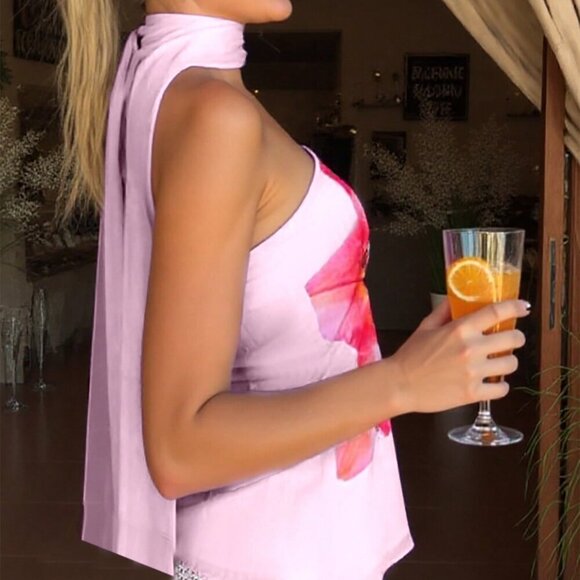 Multicolor Casual Women's Choker Neck Floral Print Romantic Tube Top - Picture 5 of 5